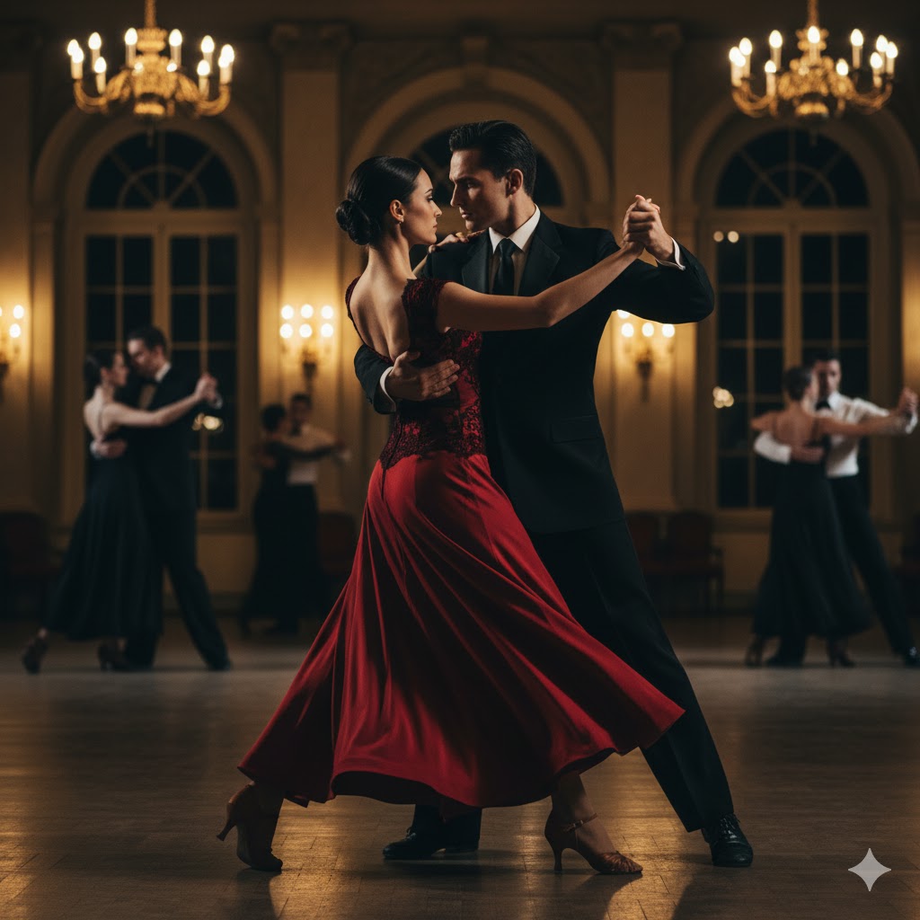 Elegant ballroom dance couple performing a graceful routine